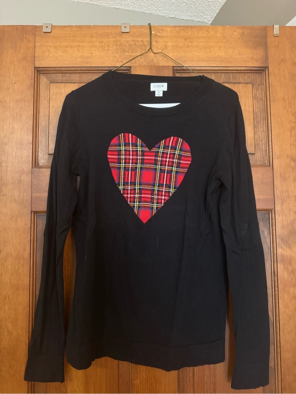 J. Crew Black Crewneck Sweater with Red Plaid Heart